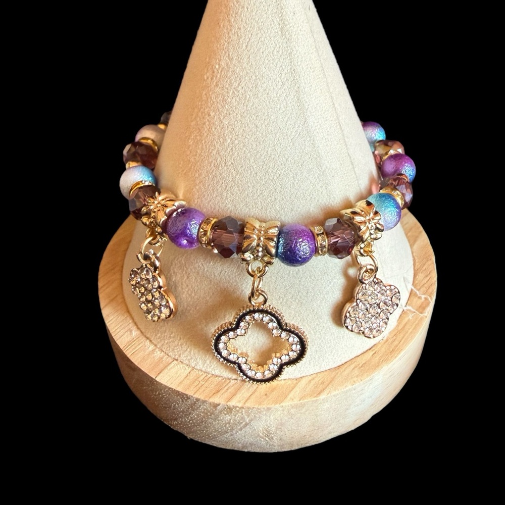 💜 Purple & Gold Beaded Charm Bracelet | Sparkly Clover Statement Jewelry ✨